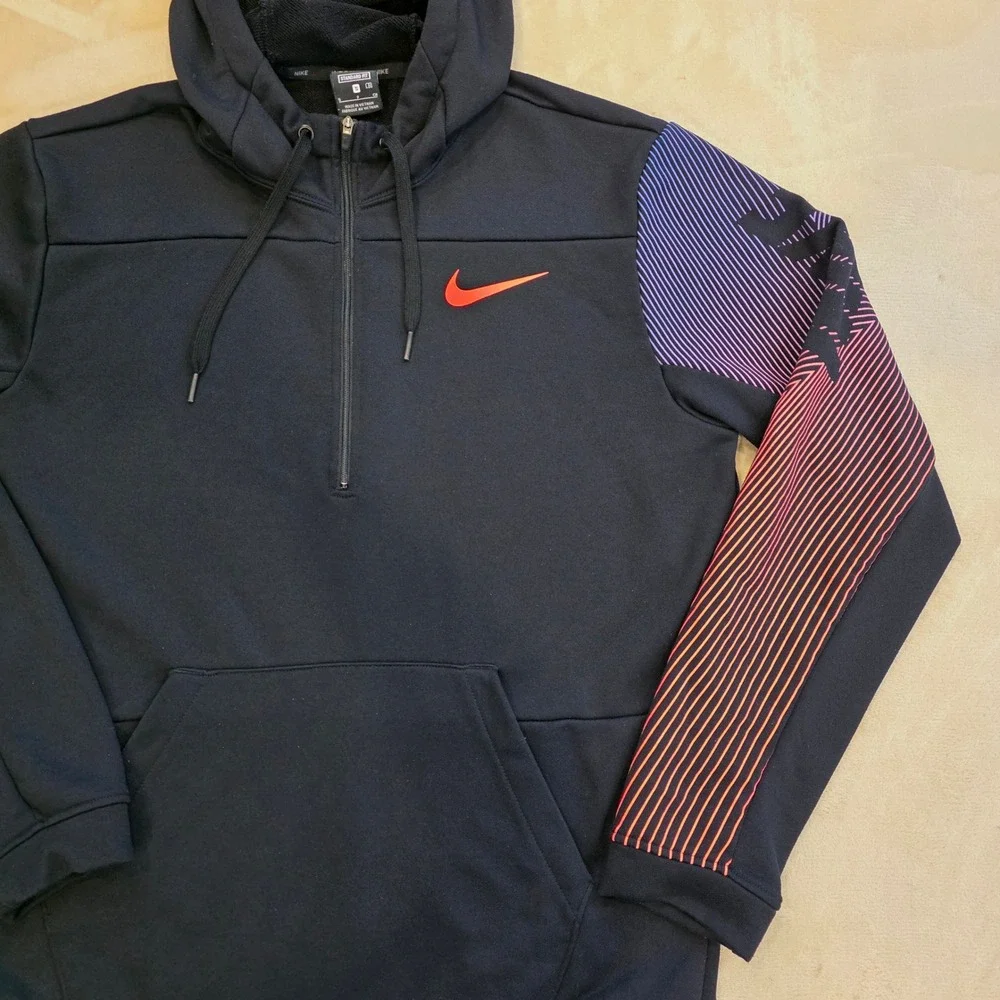 Nike Dri-FIT Men's Small 1/2 Zip Pullover Hoodie Black Orange Swoosh CJ4429-010